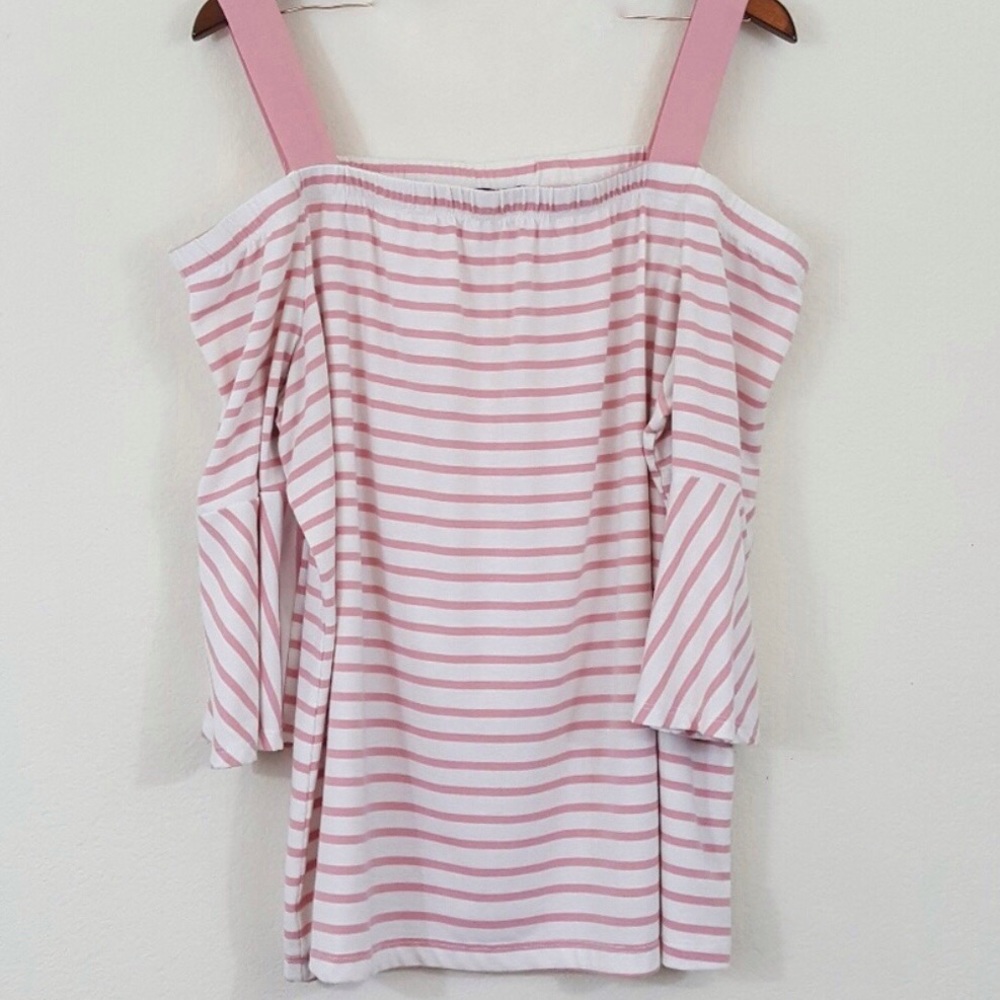 Lane Bryant Pink White Stripe Cold Shoulder Top 26/28
